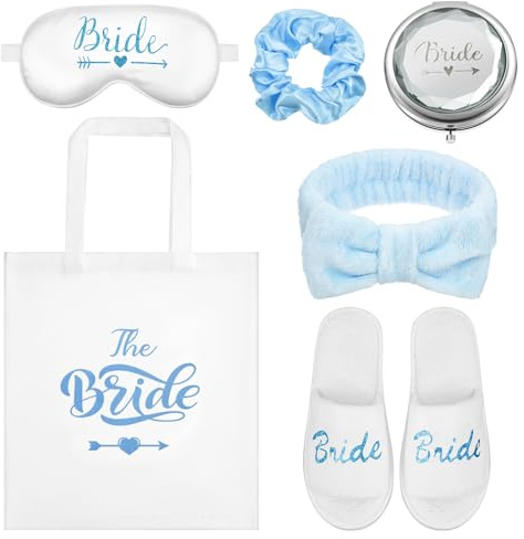 Hestya 6 Stück Braut Präsent Brautparty Geschenke inklusive Braut Hausschuhe Blau Haargummi Braut Tragetasche Seide Schlafmaske und Makeup Taschenspiegel für Hochzeit Antrag Spa Party(Blau)