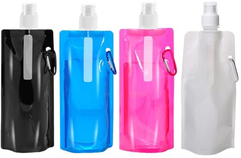 480ML Pieghevole Bottiglia Flessibile Riutilizzabile,Borraccia Pieghevole,Portatile Borraccia Sportiva Con Moschettone per Viaggi, Escursionismo, Adventures, colore rosso,nero,blu, Trasparente (4 Pcs)