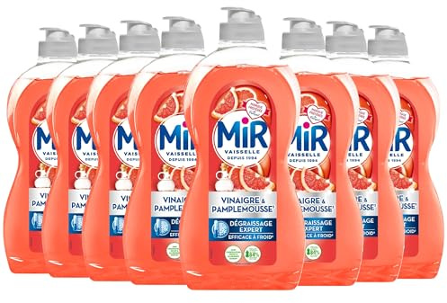 Mir Liquide Vaisselle Vinaigre & Pamplemousse – Lot de 8 x 450ml – Dégraissant Puissant, Fraîcheur Pamplemousse, Nettoyage Efficace