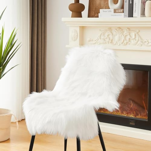 Ruedong Faux Fur Fell Teppich Weiß 60x90 cm, Longhair Flauschiger Schaffell Teppich Lammfell Wohnzimmer Weicher Deko Maschinenwaschbar für Schlafzimmer Stühle Sofa