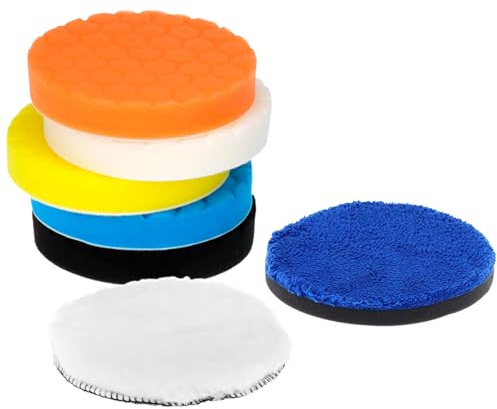 QWORK® 7 Stück Polierpads, 125 mm Schaumstoff-Polierpads, mit Woll-Pads und Mikrofaser-Pad zum Polieren, Wachsen und Versiegeln von Glasuren, für Exzenterschleifmaschinen