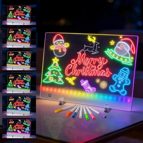Planche à dessin LED avec 7 modes de lumière de couleur, planche à dessin lumineuse rechargeable pour enfants, 34,8 x 25,4 cm avec 7 stylos de couleur, tableau à message lumineux en acrylique pour