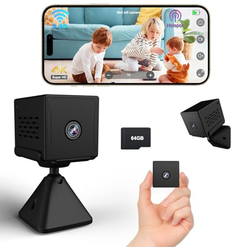 Bextgoo Mini Kamera, 4K FHD Überwachungskamera Innen mit 64GB TF-Karte, WLAN/AP Hotspot/Ohne WLAN Kamera, 2000mAh groß Akku Lange Standby, Nachtsicht, Kamera Überwachung Innen/Außenbereich(Schwarz)