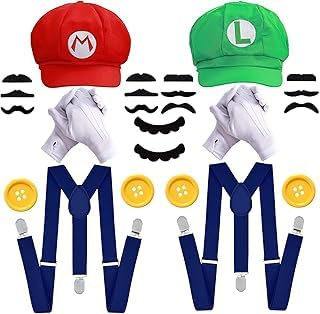 Fartoni Cappelli Rossi e Verdi con Guanti e Baffi – Accessori Costume Coppia Adulti – Kit Cosplay Idraulici Retro per Carnevale, Halloween e Feste