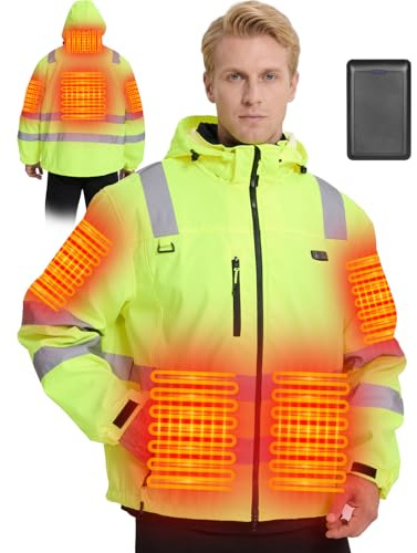 Hi-Vis 4 in1 Giacca Pilota Con Rivestimento in Feltro, Batteria da 16000 mAh Giacca da Linvernale da - Giacca Softshell ad Alta Visibilità Uomo con Catarifrangenti 6 Zone di Riscaldamento