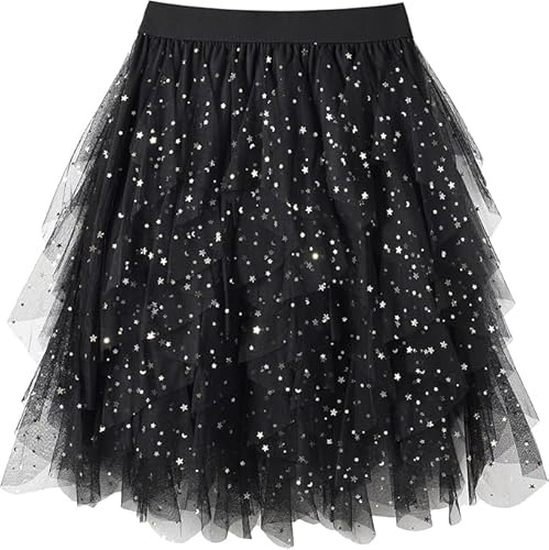 WERFORU Jupe en Tulle pour Femme, Taille Haute Élastique Irrégulière, Tulle en Maille Superposée, Jupe Tutu Midi, Jupe de Fée Bouffante pour Carnaval, Halloween et Bal de Fin d'année