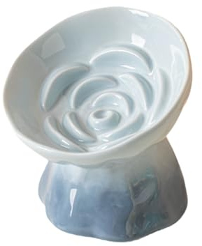 LE SERVETA Elevated Ceramic Cat Bowl, Tilted Slow Feeder Pet Dish with Gradient Color Coating, 3.3 Ounces Capacity, Anti-Gulping Design with Rose Bouquet Design (Gradient Blue)