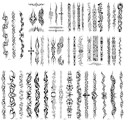 Qpout 16 Blätter Schwarze Tribal Fake Temporäre Tattoos für Erwachsene, Mixgröße Realistische edgy Armbänder Designs Fake Tattoo-Aufkleber für Frauen Männer Armkörperkunst Schwarze Halloween