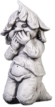 gartendekoparadies.de Gnom als Stiller Beobachter, Steinfigur Wichtel, H. 38 cm, 12 kg, Grau, frostsicher aus Steinguss für Außenbereich