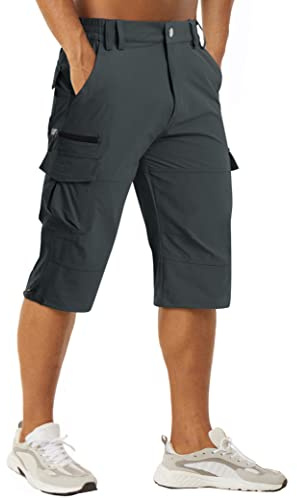 MAGCOMSEN Snabbtorkande arbetsshorts för män utomhus 3/4 capribyxor blixtlåsfickor vandring klättring shorts, Mörkgrått, 48
