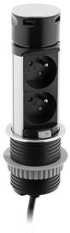 Otio, Bloc Multiprise Encastrable 2 Prises 16A 2P+T + 2 USB Ø60mm Noir - Chargeur USB 5VDC 2400mA - Câble 1.5m - Intégration Discrète Cuisine/Bureau - Puissance Max 3680W - Design Robuste et Étanche