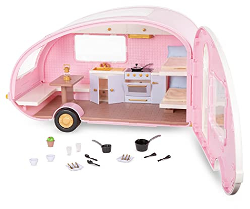 Lori - Roller Glamper - Rosa - Wohnmobil für Mini-Puppen - Rosa Camping-Anhänger für 15-cm-Puppen - Betten, Küche & Tisch - Puppenhaus-Kochzubehör - 3 Jahre +