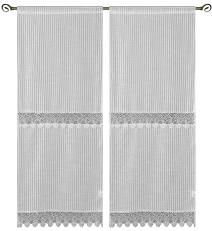 coppia di tendine a pannello art lille in tessuto bianco simile lino di poliestere con balza in pizzo macrame centrale e finale, con passante unico adatto per finestre e portefinestre MIS 60X240CM