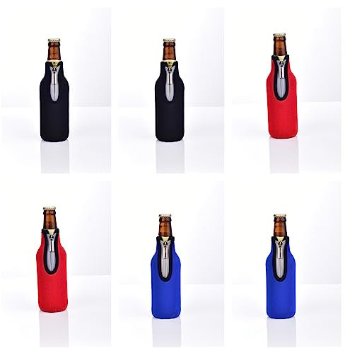 Funda para botellas de cerveza estándar de 330 ml, con cremallera, funda de neopreno engrosada antideslizante (6 unidades, 2 negros, 2 azules, 2 rojos)