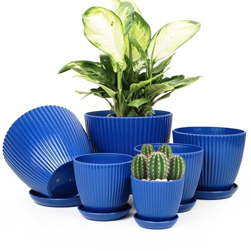 Vodotion Plant Pots Indoor with Saucers & Drainage - 6 Pack Flower Pots - Plastic Planters for Indoor Planter - 7.5/6.6/5.8/5.0/4.3/3.5 inches Sizes for All Different Types of Plants-Dark Blue