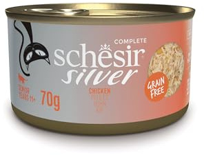 Schesir Silver, Filetes De Pollo En Caldo, Alimento Húmedo Completo para Gatos Mayores, Sin Cereales, Apoya El Sistema Inmunitario, Rico En Hidratación, 12 X 70g
