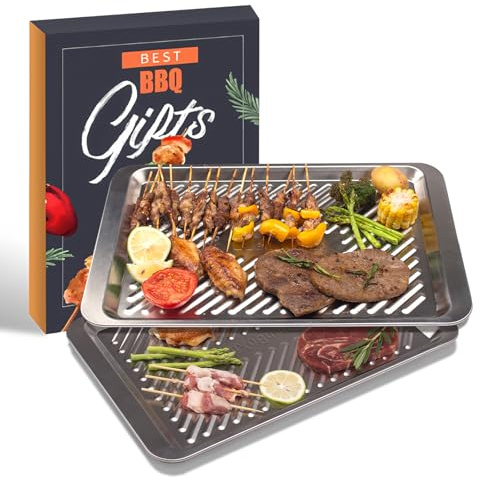 Grilling Prep and Serve Trays, Set of 2 Stackable Stainless Steel BBQ Tray, Standard Marinating Container, Serving Platter for Plating Food, BBQ Prep Tub for Marinating Meats, Grill Accessories