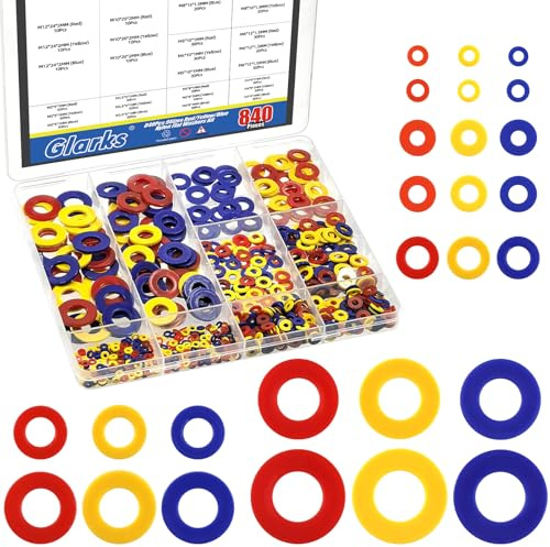 Glarks Kit di rondelle piatte in nylon M2/M2,5/M3/M5/M6/M8/M10/M12, 840 pezzi, rondelle piatte spesse in nylon, colore rosso, giallo e blu, guarnizione in foglio di plastica, distanziatori di tenuta