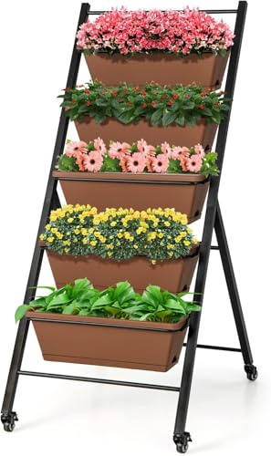 GOPLUS Escalera de 5 Niveles con Maceta y Ruedas Bloqueables | Estantería para Plantas con Soporte de Metal, Filas de Drenaje y Bandejas Desmontables para Patio, Jardín y Balcón