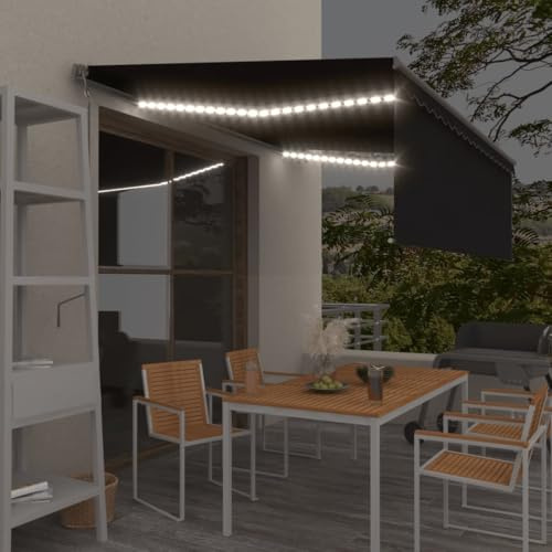 Tenda da Sole Automatica con LED e Sensore Vento, Tessuto Poliestere Impermeabile, Telecomando e Manovella, per Giardino Terrazzo Balcone, Antracite, 4 x 3 m