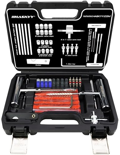 HASKYY Kit de reparación de neumáticos, 53 piezas - Todo en uno para coche, moto, ATV, SUV - Bandas de goma, herramienta para válvulas, mango en T y cutter