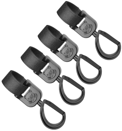 LRXIYODE Ganci Passeggino Rotazione a 360 Gradi in Abs Nero, Set 4 Pezzi Design Hook And Loop per Borse e Ombrellino da Passeggino, per Viaggi e Passeggiate