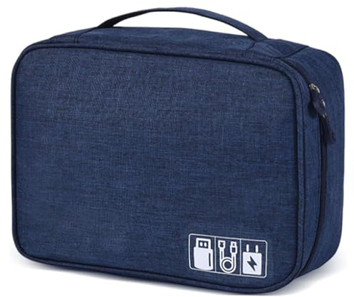 Travel Cable Organiser Bag, Electronics Tech Organizer Pouch Waterproof Padded Storage Case for Cables, Chargers, Hard Drives, Power Banks, Multi-Layer Carry Case for Travel and Office (Navy Blue)