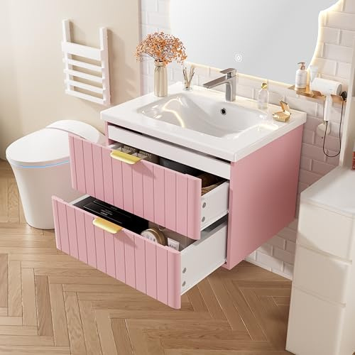 HaoChrymec Mueble De Baño Suspendido con MDF y Lavabo De Cerámica, Doble Almacenaje, Mueble Lavabo, Armario De Baño, Adecuado para Baño Pequeño y Aseo, Rosa, 60.50x47.50x47.00 cm