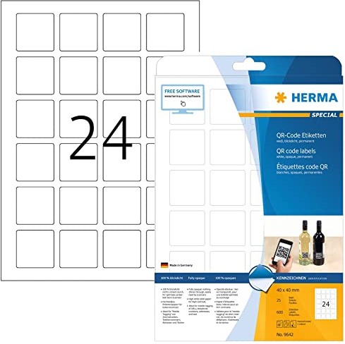 HERMA 9642 QR Code Etiketten blickdicht quadratisch, 25 Blatt, 40 x 40 mm, 24 pro A4 Bogen, 600 Stück, selbstklebend, bedruckbar, matt, blanko Papier QR-Code Klebeetiketten Aufkleber, weiß