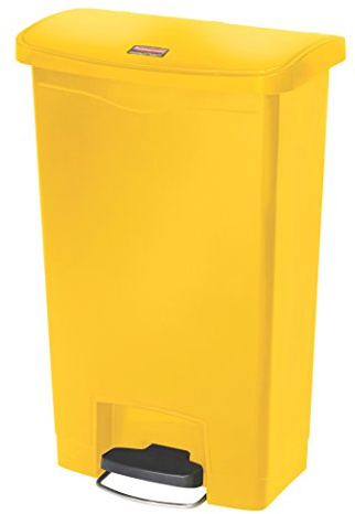 Rubbermaid Commercial Products Slim Jim Step-on Resin Front Step Waste Receptacle Bin 50 Litre Yellow 1883575 | Hands-free front pedal improves commercial catering kitchen hygiene, finished in high-visibility yellow.