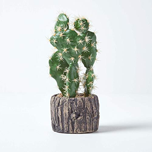 HOMESCAPES Petit Cactus Artificiel Figuier de Barbarie en Pot Effet Bois 26 cm