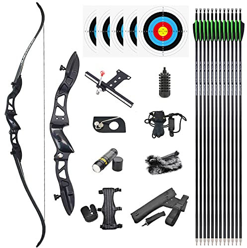 SHARROW 22-38lbs Bogenschießen Takedown Recurve Bogen und Pfeile Set 66 Zoll Jagdbogen Erwachsene Bogen Aluminiumlegierung Riser Rechte Hand Bogen mit 6pcs Carbonpfeile (Typ 2:Schwarz, 32lbs)