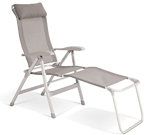 ELONEO Chaise de Camping Pliante avec Repose-Pieds Amovible - Chaise Longue Pliante Confortable en Aluminium avec Dossier Réglable pour Jardin et Balcon Taupe
