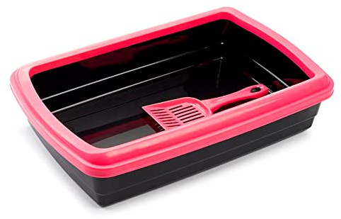 Arenero/Gatera para Gatos - Fabricado en España - Incluye Pala - Productos para Mascotas, Arena y Limpieza del hogar, arenero de Gato con Pala - 47 x 31 x 11 cm - Color Negro (Marco Rosa)