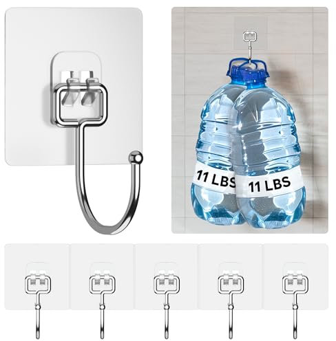 GLUIT Adhesive Large Wall Hooks for Hanging Heavy Duty 22 lbs Hooks for Walls No Drill, Towel Sticky Clear Hooks, Waterproof, Home, Bathroom, Kitchen, Office, and Outdoor 6 Pack