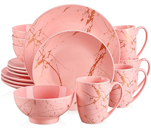 Tafelservice porzellan, LOVECASA SWEET 16-teiliges Kombiservice Set, Ess Geschirrset mit Goldspritzer Design, für 4-12 Personen