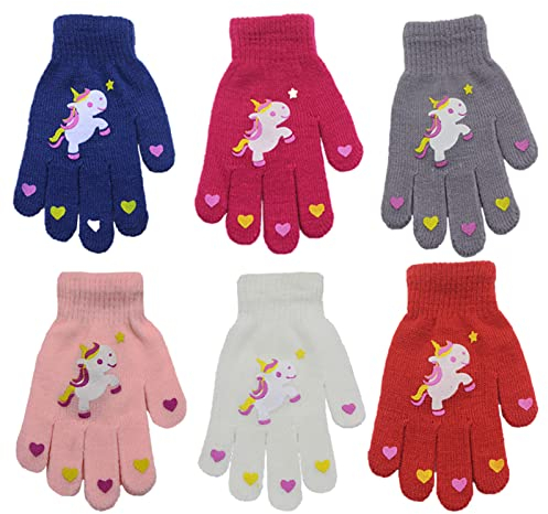 Jupsk Kinder Winterhandschuhe Fingerhandschuhe Gestrickte Vollfinger Warme Handschuhe für Mädchen Jungen, 4-9 Jahre Alt, Bunte Einhorn Radhandschuhe 6 Paare
