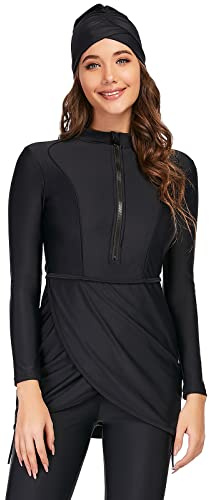 OBEEII Womens Muslim Swimsuits, Ladies Burkini Swimwear, Full Coverage Islamic Burkinis Wear Bathing Suit Black C M