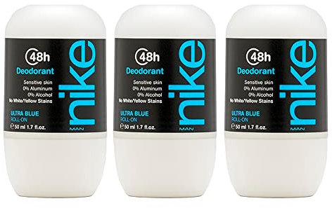 NIKE - Ultra Blue Pack de 3 x 50 ml, Desodorante Hombre Roll-On, Desodorante Antimanchas para Piel Sensible, 0% Alcohol y 0% Sales de Aluminio, de Larga Duración, Fragancia Oriental Floral