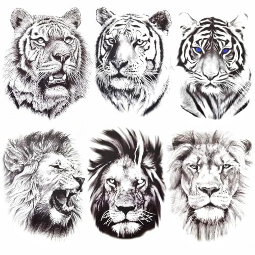 AIYONG 6 Feuilles de Tatouages Temporaires Autocollants, Tatouage de Lion Tigre Stickers, Feuilles de Faux Corps Bras Poitrine épaule Tatouages pour Hommes ou Femmes, Grand Tatouages Temporaires