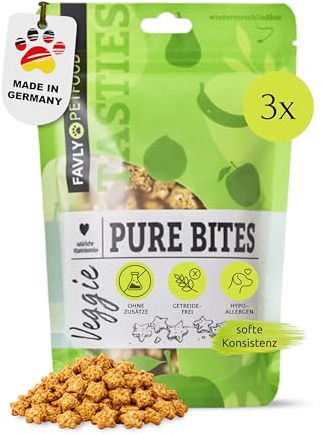 FAVLY Pure Bites Veggie 3x120g, vegetarische Hundeleckerli, getreidefrei | Mit Gemüse, Obst & Superfoods wie Kurkuma & Kokos, softe Trainingssnacks, ideal für Allergiker & sensible Hunde