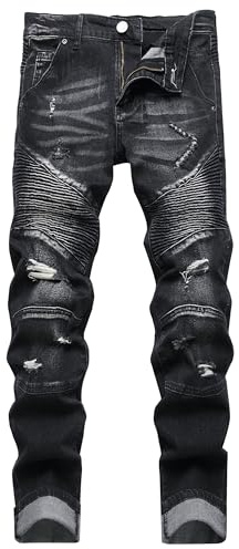 XIMXIMMTIAN Men's Biker Moto Washed Distressed Slim Fit Straight Jeans Denim…, 2123 Black, 36
