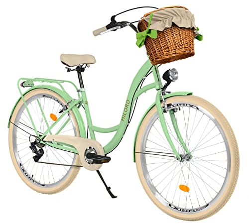 Balticuz OU Milord Komfort Fahrrad mit Weidenkorb, Hollandrad, Damenfahrrad, Citybike, Vintage, 26 Zoll, Mintze-Creme, 7-Gange, Grün