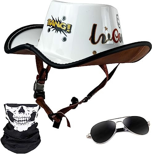 Halbschalenhelm mit ECE, Mode Sommer Western-Cowboyhut Schädelkappe Halbschalenhelm, Jethelm Retro, Chopper Helm, Offenem Helm, mit Herausnehmbares Atmungsaktives Futter