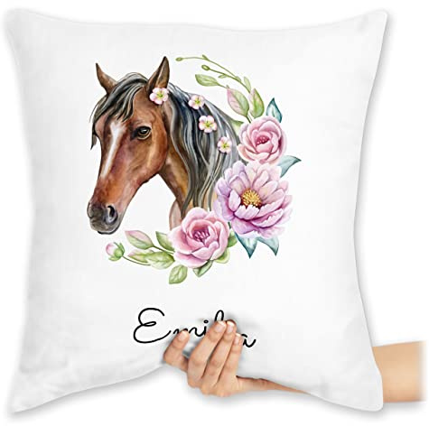 Kissen 40x40 Zierkissen - Pferd Pferde - Wunschname Pferdekopf Name I Pferdemotiv I Geschenk Pferdemädchen - 40 x 40 cm - Weiß - personalisierte pferdekissen Reiter Horse mädchen pferdeliebhaber