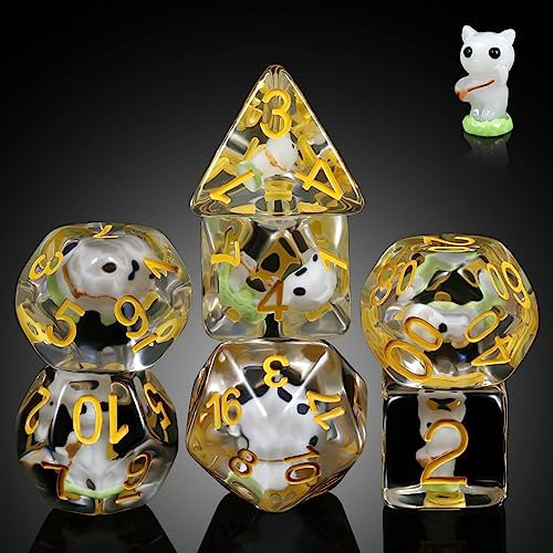 White Cat Gaming Dice Set D&D, DNDND 7PCS Resin DND Dice with Velvet Bag for Dungeons and Dragons Role Playing Games and Tabletop Games（White Cat)
