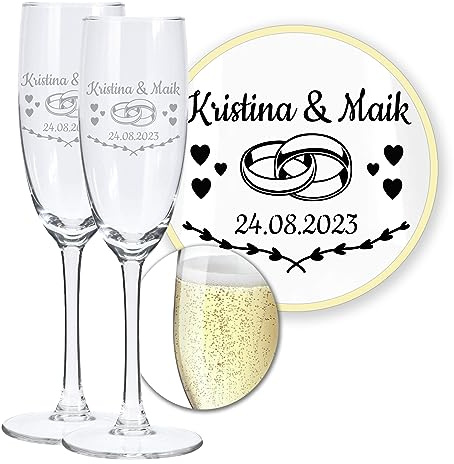 LALALO Sektgläser Herztanz, Hochzeitsgläser graviert mit Namen & Datum, 2er Set 18cl, Champagnerglas graviert, Lasergravur, personalisiertes Hochzeitsgeschenk für Brautpaar, Verlobung