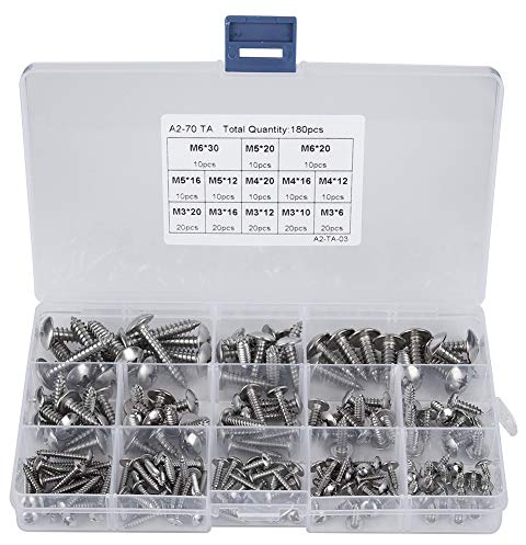 Assortiment de Vis Autotaraudeuses à Tête Plate en Acier Inoxydable M3 M4 M5 M6, 180 Pièces, Vis à Tôle D'entraînement, Vis Assorties à Tête Fraisée, Autotaraudeuses à Usages
