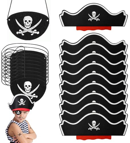 PHIEZC Piratenhüte für Kinder, 10 Piratenhüte und 10 Piraten-Augenklappen | Piratendekoration für Kindergeburtstag, Piratenparty, Piraten-Kindergeburtstags-Dekorationsset