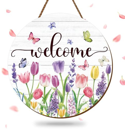 JarThenaAMCS Spring Summer Flower Welcome Door Sign Tulip Wooden Hanging Sign Floral Butterfly Door Hanger for Holiday Indoor Outdoor Farmhouse Home Porch Window Wall Decor